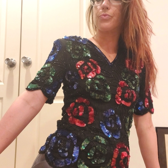 1980's Stenay floral glitz & glam party top - Picture 3 of 16